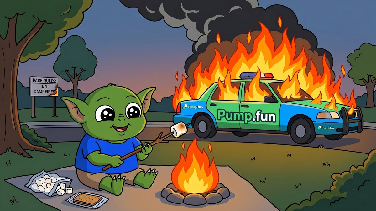 Smol gremlin roasting marshmallows next to burning pump fun car