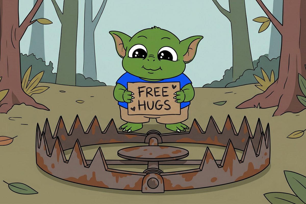 Smol gremlin holding free hugs sign on a bear trap